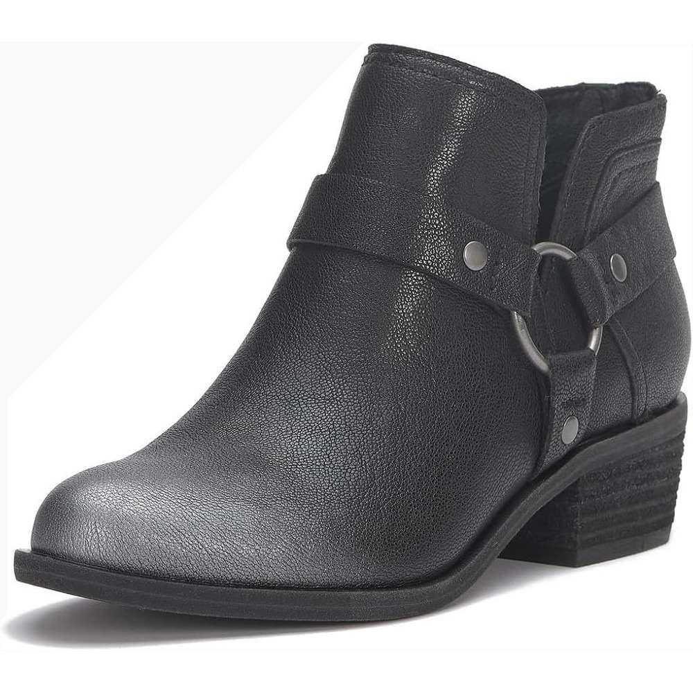 Lucky Brand Boltin Black Leather Harness Ankle Booties Metallic Toe 9.5